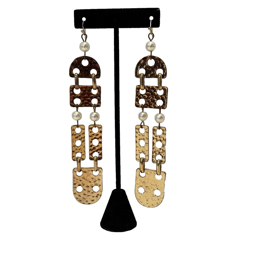 Hammered Gold Tone Geometric Faux Pearl Drop Statement Earrings Shoulder Dusters